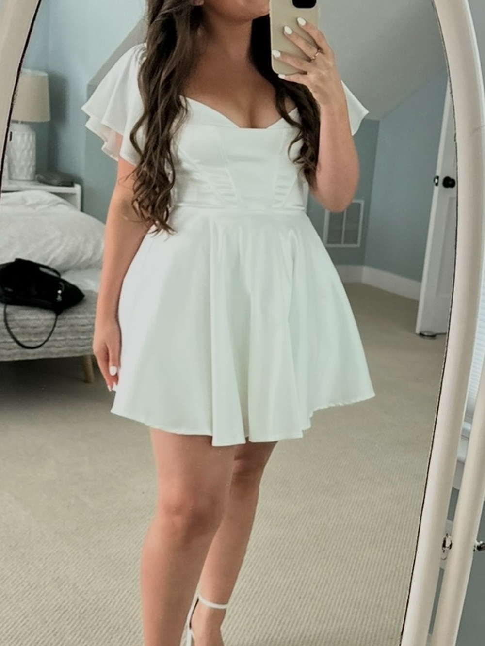 Selfie Leslie White Satin Tamelia Flutter Sleeve Mini Dress